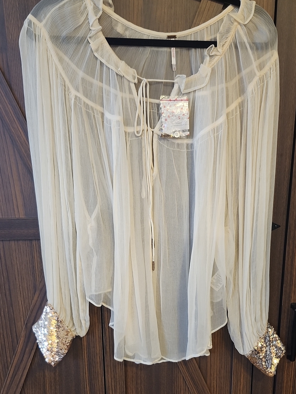 Free People Sheer Cream Blouse with Sequin Cuffs